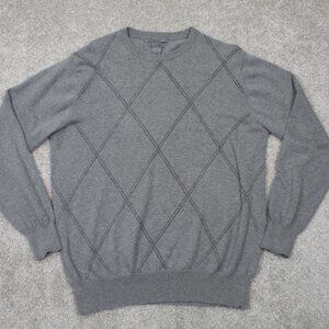Geoffrey Beene Sweater Shirt Mens Large Gray Argyle Cotton/Cashmere Pullover